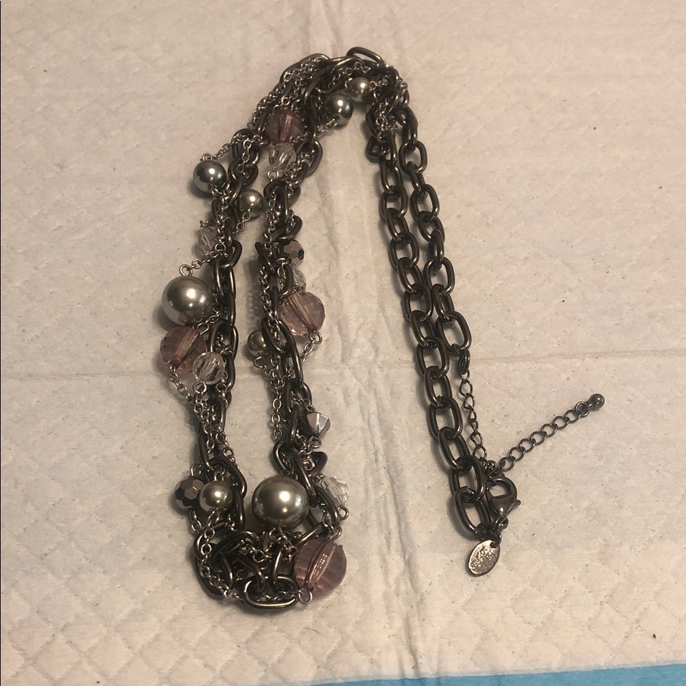 Multi-Strand Silver Chain Necklace with Pink Accent Beads